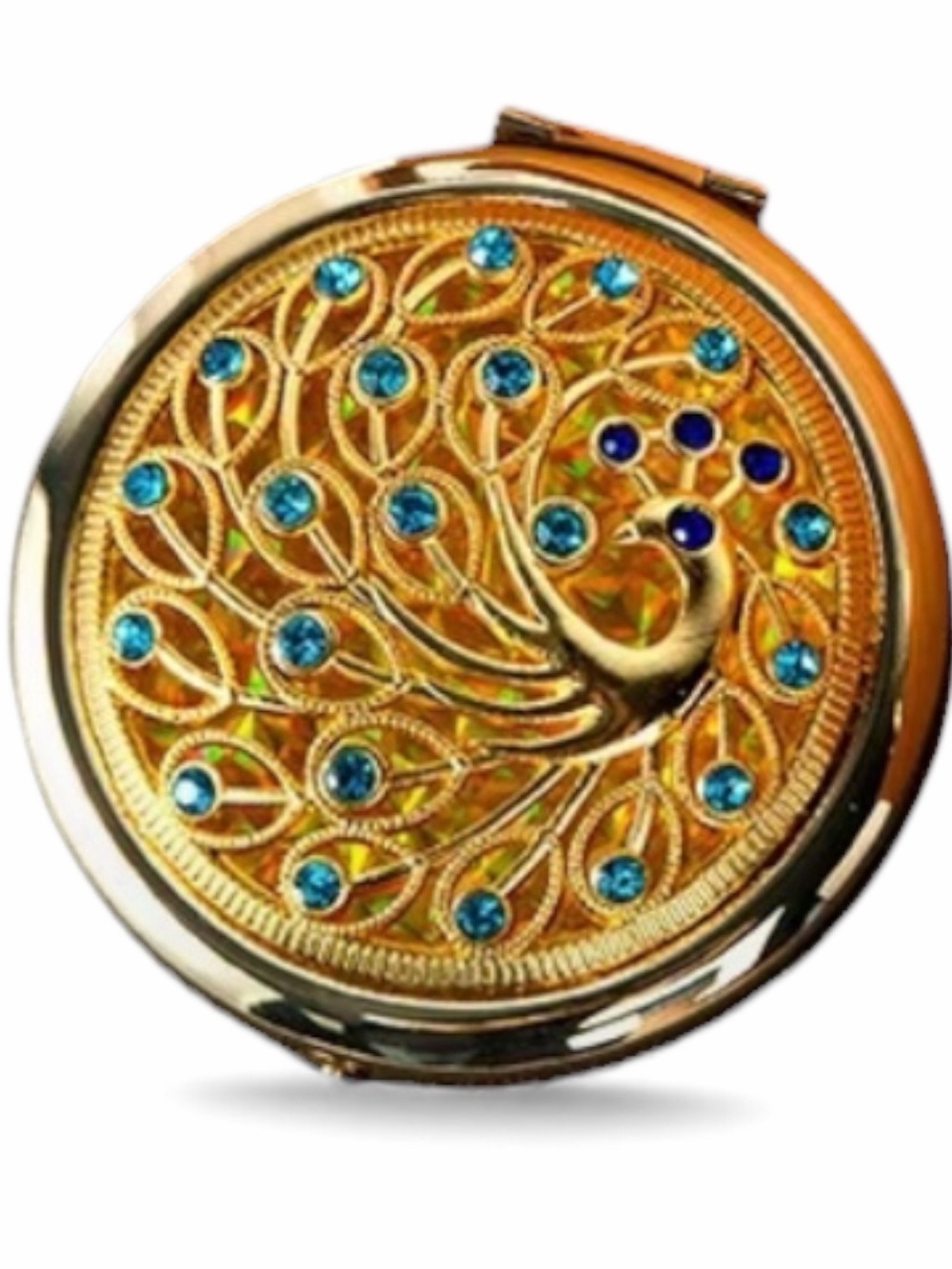 Gold Peacock Compact Mirror with Blue Crystal Accents New In Pouch